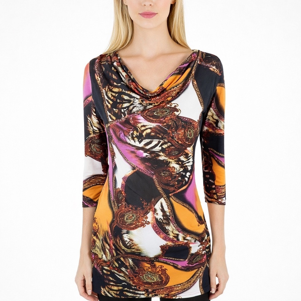 Eva Varro Cowl Neck Art to Wear Colorful Paisley Tunic Top A-Line stretch Size S